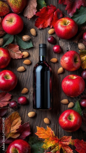 Vibrant autumn arrangement with wine bottle, red apples, and colorful leaves ...