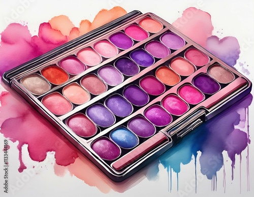 a palette displays various shades of eyeshadow blending pinks and purples with a watercolor effect creating an artistic and colorful appearance on white
