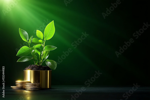 A green plant sprouting from a golden pot, symbolizing growth and investment in nature. photo