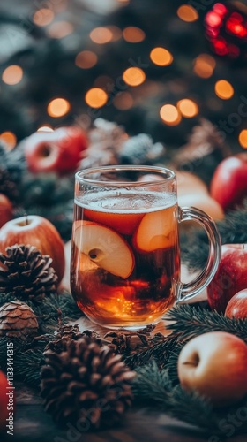 Warm drink with apple slices and pinecones beside festive decorations in wint...