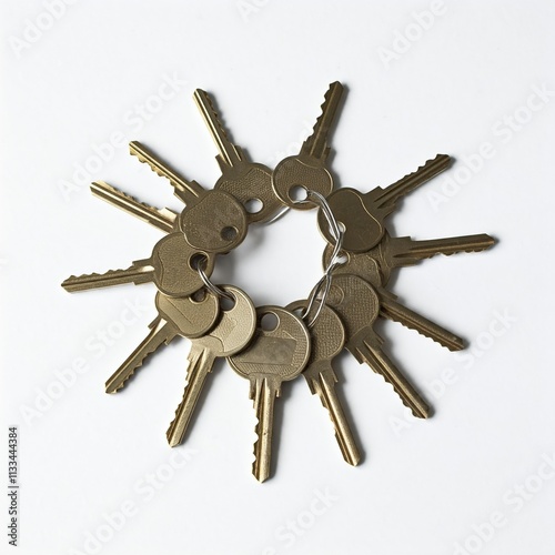 A close-up of a metal chain, isolated against a white background. The chain is linked together in a series of interlocking loops. chain with padlock isolated on white, key photo