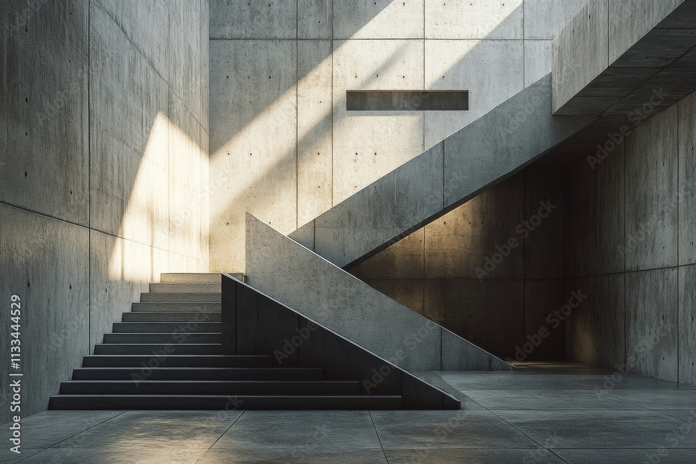 Innovative architectural design featuring angular concrete staircases in an open space Innovative architectural design featuring angular concrete staircases in an open space