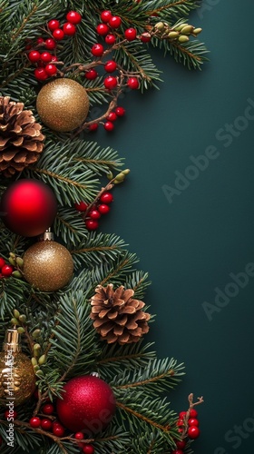 Festive holiday decorations showcasing red and gold ornaments with pine cones...