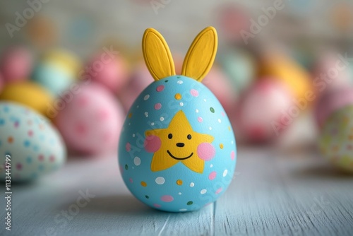 Colorful Easter egg with bunny ears and smiling face among decorated eggs