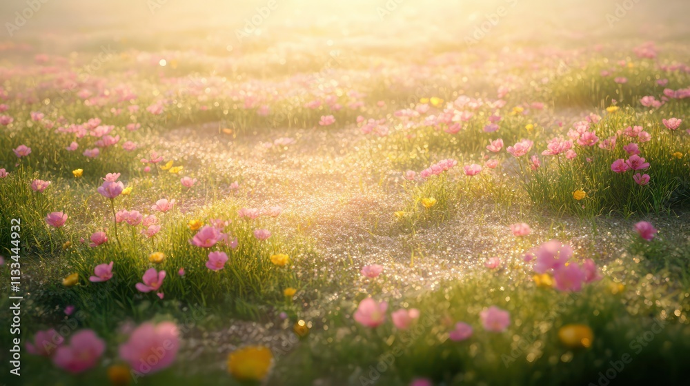 Obraz premium An expansive field with patches of pink and yellow wildflowers, with soft sunlight illuminating the dew-covered grass.