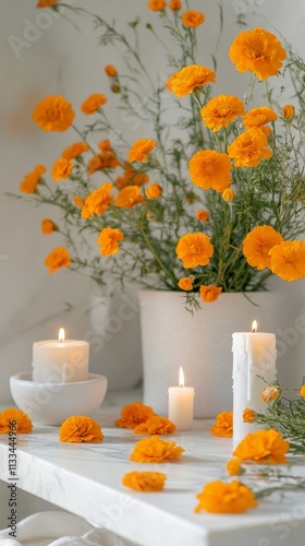 Vibrant orange flowers and soft candles create a serene atmosphere in a cozy ...