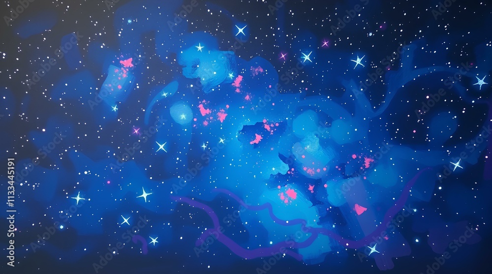 Naklejka premium dreamy night sky with sparkling stars and whimsical blue clouds