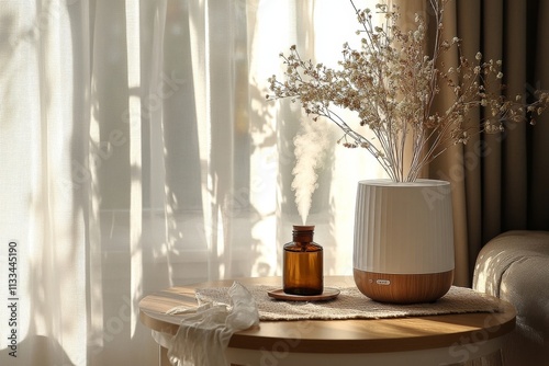 Modern aromatherapy diffuser on a wooden table in a sunlit contemporary room