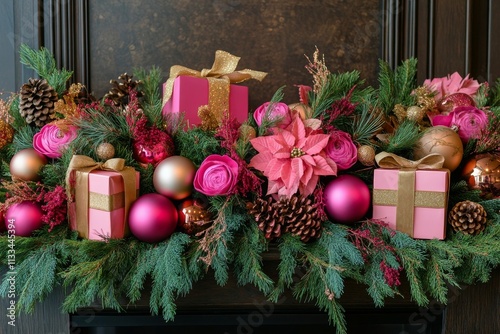 Festive holiday decorations with gifts, ornaments, and flowers arranged for c...