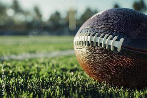 Wet football on grass field during a high school game with blurred goalposts ...