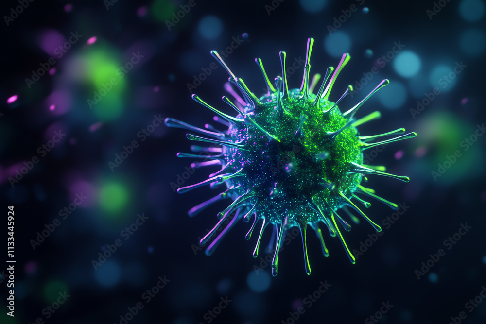 Fototapeta premium Colorful microscopic representation of a virus on a blurred background.