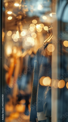 Stylish clothes displayed in a shop window during evening hours in the city