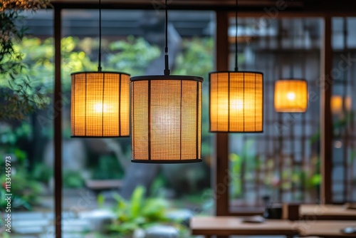 Warmly lit hanging lanterns illuminate serene outdoor dining area surrounded ...