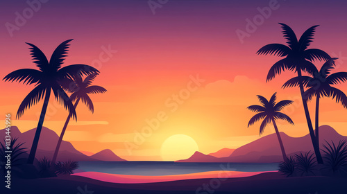 A vibrant sunset over a tropical beach with palm trees silhouetted against the sky.
