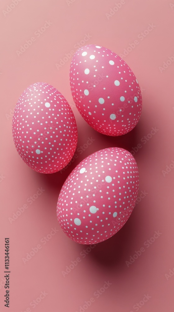Colorful pink Easter eggs with white dots arranged on a soft pink background