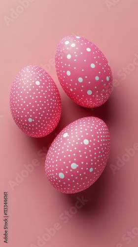 Colorful pink Easter eggs with white dots arranged on a soft pink background