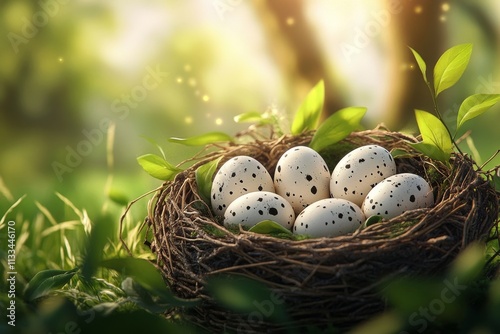 Nest of speckled eggs resting on green grass during a sunny day