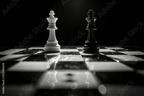 Chess match between white and black kings on a wooden board with dramatic lig...