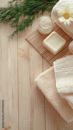 Spa setting with natural soap and soft towels on wooden surface