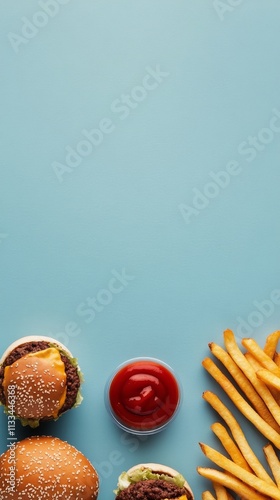 Delicious fast food arrangement on a colorful background with fries and burgers