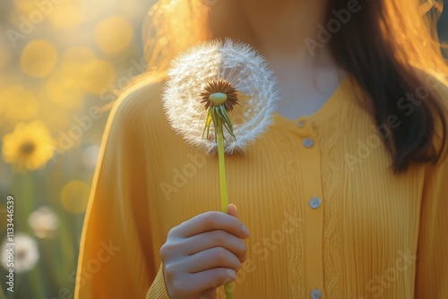 Young woman holding a dandelion in a sunny flower field during the afternoon