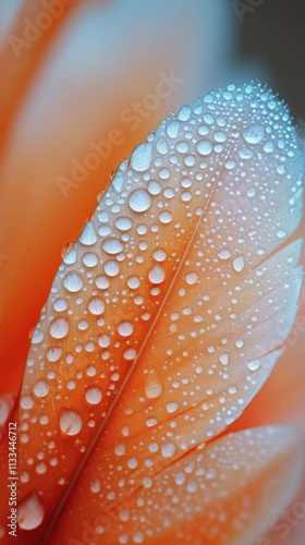 Close up of a delicate orange leaf covered in droplets of water with blurred ...