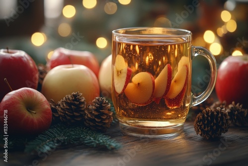 Warm spiced drink with apples and pinecones during a cozy winter gathering