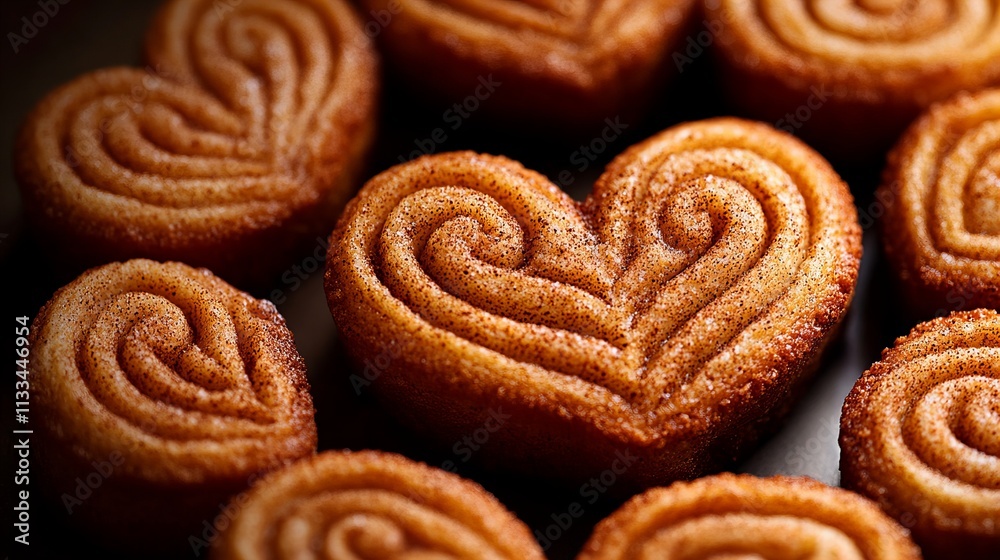 Fototapeta premium Delicious heart-shaped pastries with intricate cinnamon patterns, perfect for a sweet treat or celebration.