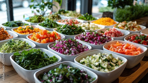 A vibrant display of fresh vegetables and herbs in bowls, ready for a salad bar.