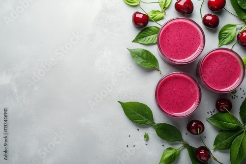 Refreshing cherry smoothies with seeds and green leaves on a light background