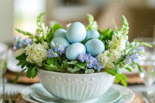 Elegant spring centerpiece featuring blue eggs and fresh flowers in a bowl