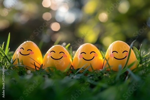 Happy yellow eggs enjoying a sunny day in a green garden