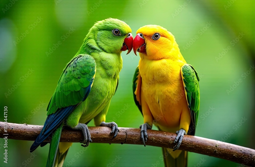Fototapeta premium A pair of lovebirds perched on a branch, vibrant green and yellow feathers with soft details, natural light illuminating their colors, blurred tropical foliage in the background