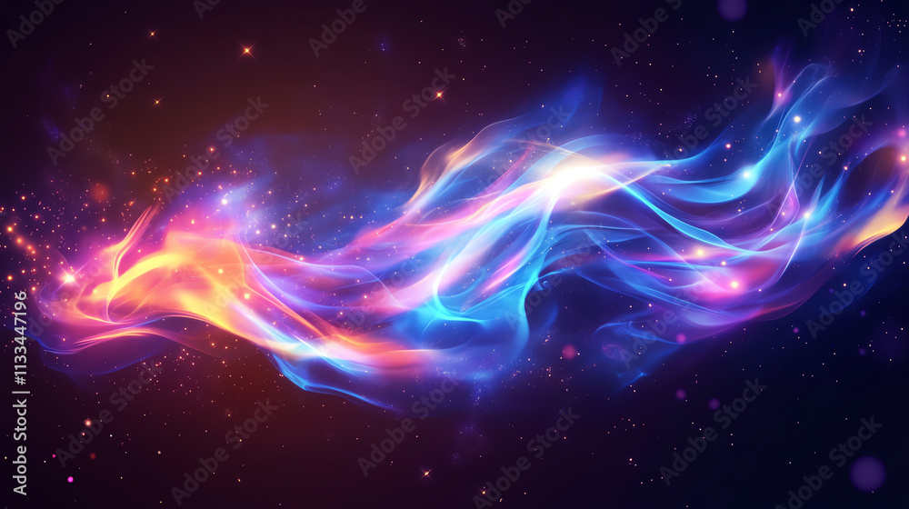 Obraz premium Vibrant abstract flows of color in a cosmic space filled with glowing stars.