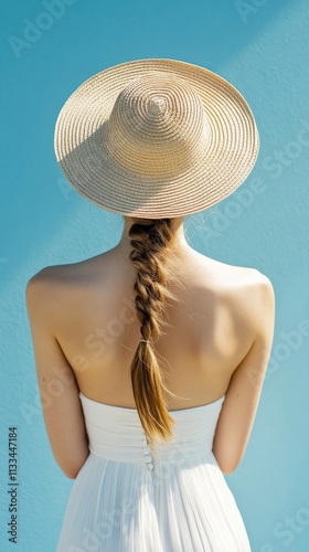 Woman with straw hat poses against a blue wall during a sunny day