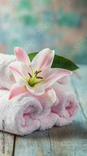 Soft towels and a pink lily on a rustic wooden table create a serene relaxati...