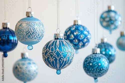 Beautiful decorative blue and white ornaments hanging in festive decor