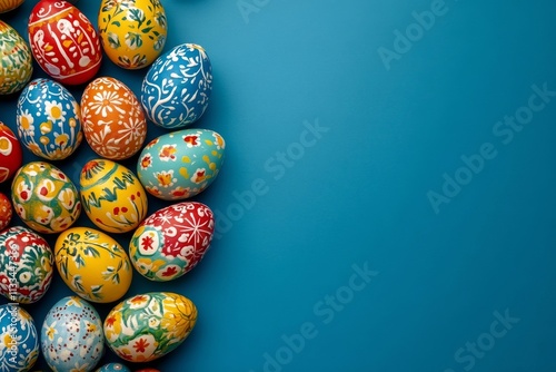 Colorful decorated eggs displayed on a blue background showcasing traditional...