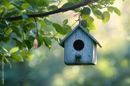 A small wooden birdhouse hangs from a tree branch surrounded by lush green le...
