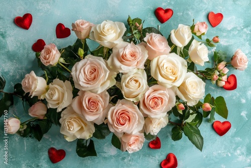 Beautiful bouquet of roses arranged with red hearts for a romantic occasion