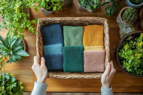 Neatly arranging soft towels in a basket among vibrant greenery inside a cozy...