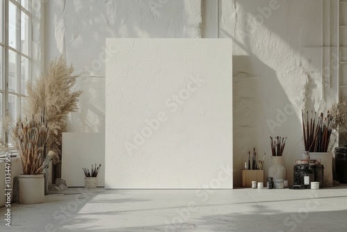 Outdoor art setup with blank canvas and painting supplies on rocky terrain