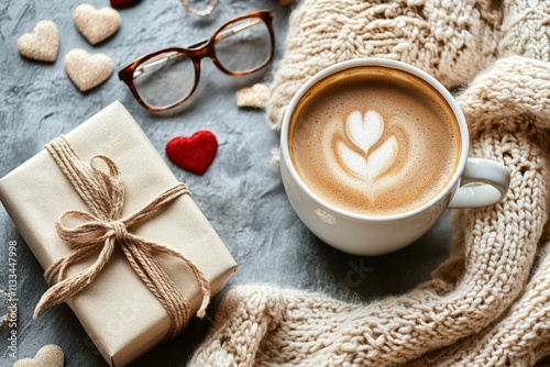 Cozy gift arrangement with hearts and coffee on a knitted blanket