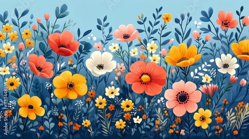 Vibrant floral landscape featuring colorful blossoms and rich green foliage i...