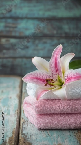 Soft towels and a pink lily on a rustic wooden table create a serene relaxati...