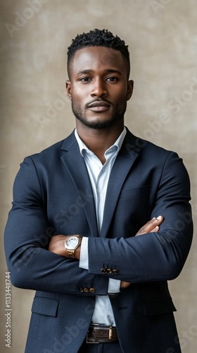 Confident man in formal attire posing with arms crossed in a dark setting