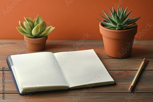 Relaxing workspace with open notebook and potted plants on wooden table