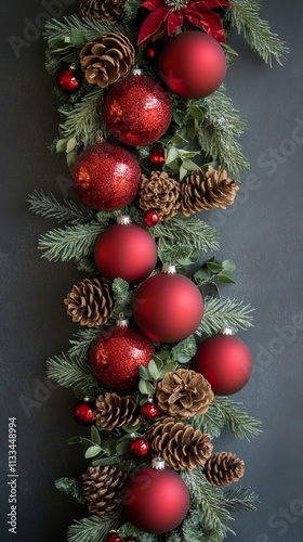Festive holiday decoration featuring red ornaments and pinecones on dark back...