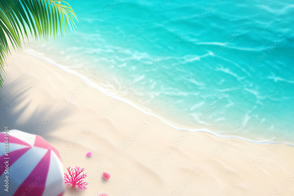 Obraz premium Serene beach view with gentle waves and tropical elements for relaxation and escape.