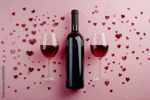 Romantic wine setup with hearts on a pink background for special occasions